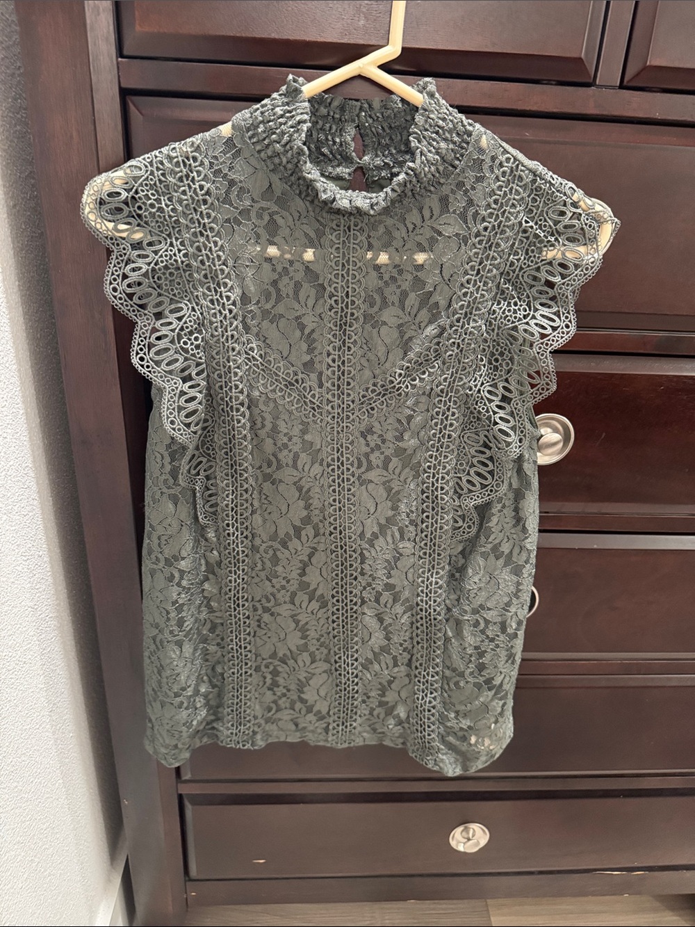 Cable & Gauge Olive Lace High Neck Flutter Sleeve Top